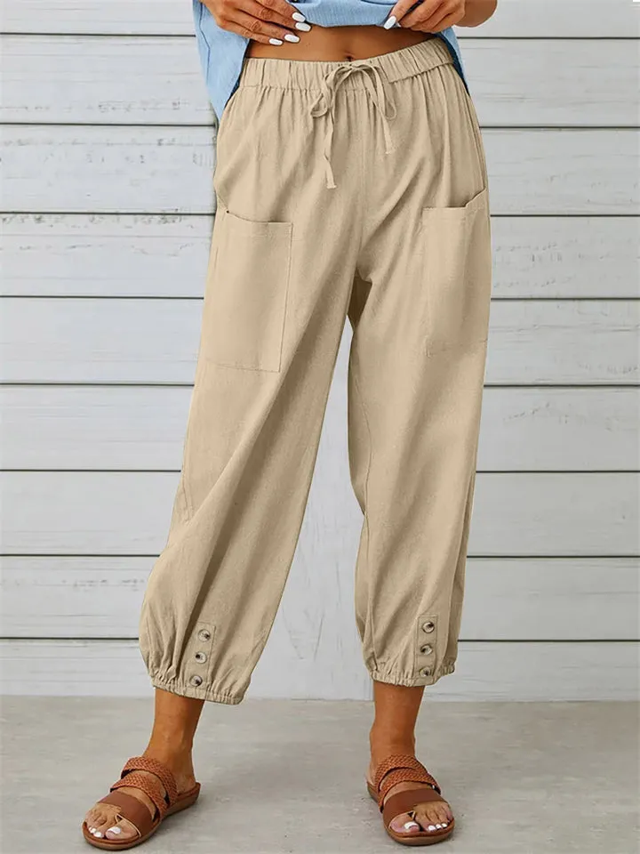 High Waist Drawstring Wide Leg Linen Pants for Women