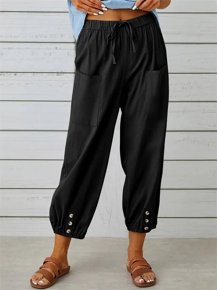 High Waist Drawstring Wide Leg Linen Pants for Women