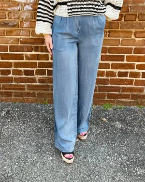 High Waist Wide Leg Chambray Pants