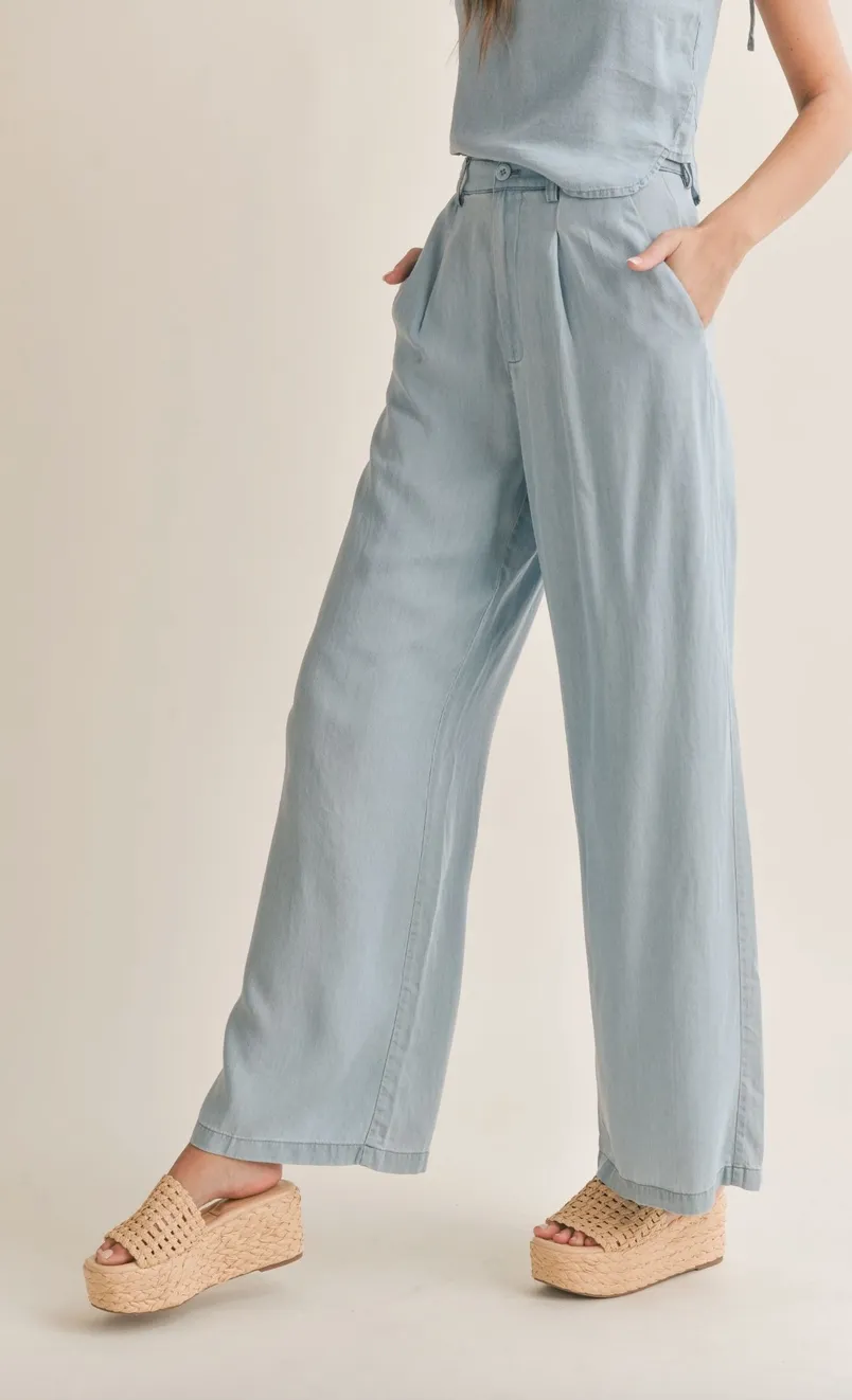 High Waisted Wide Leg Chambray Pants