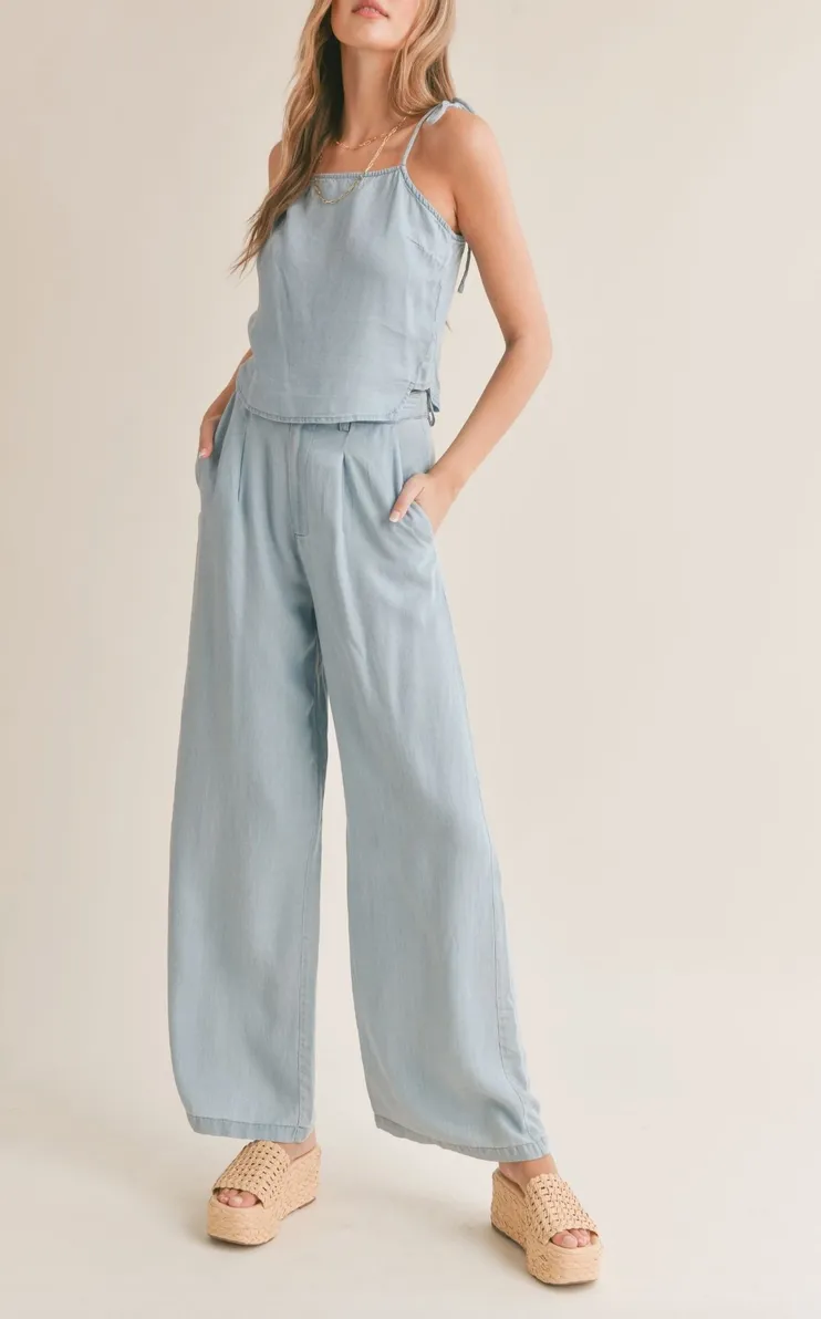 High Waisted Wide Leg Chambray Pants
