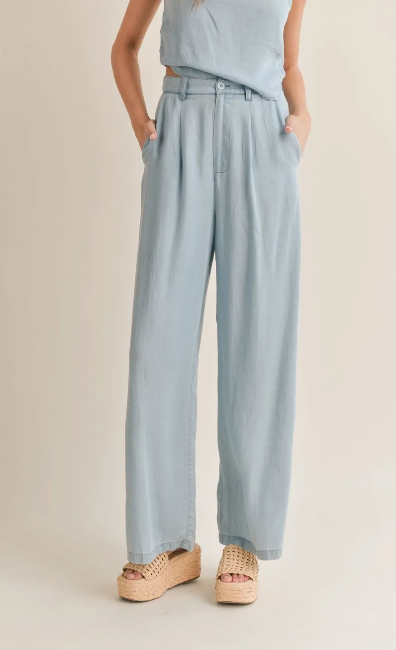 High Waisted Wide Leg Chambray Pants