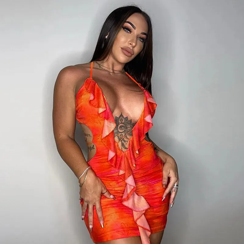 Hollow Out Ruffle Halter Backless Bodycon Mini Dress