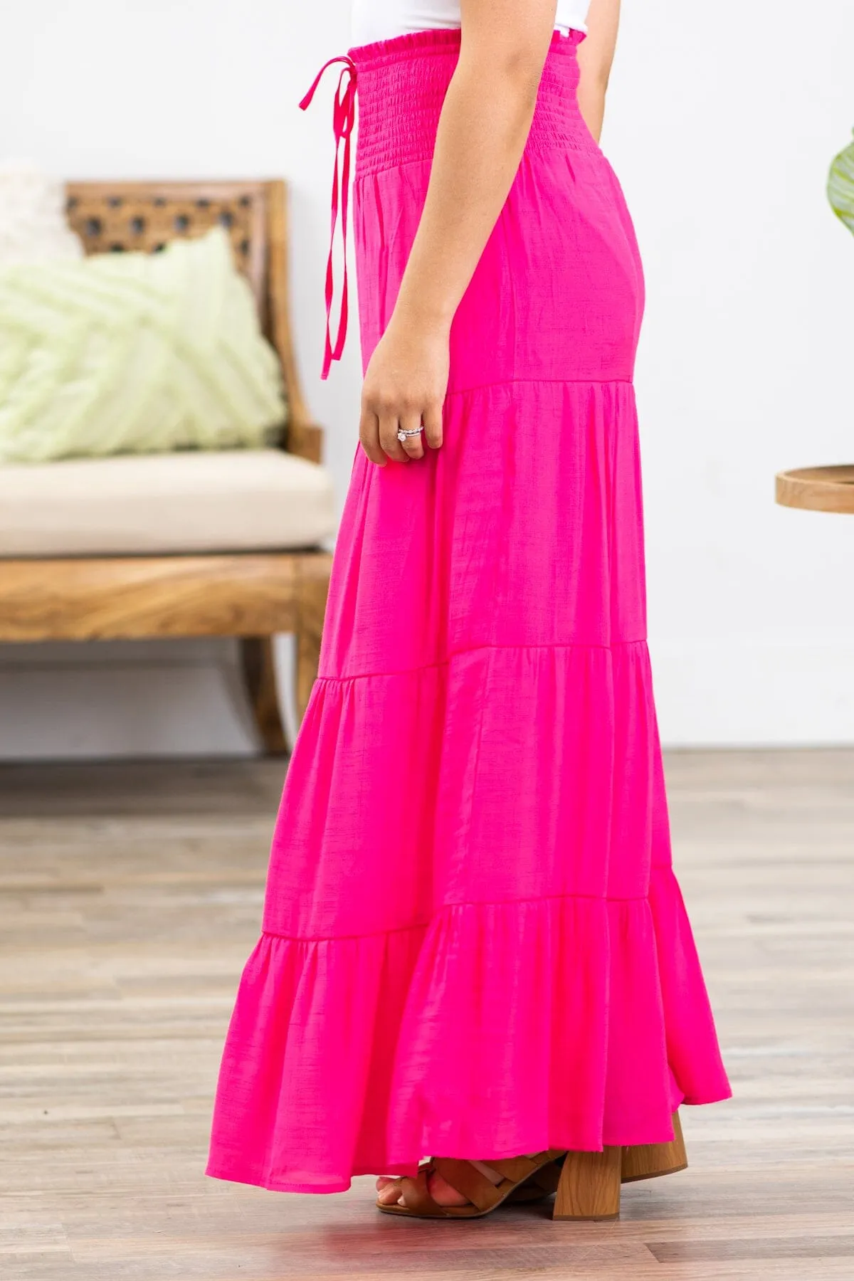 Hot Pink Smocked Waist Tiered Maxi Skirt