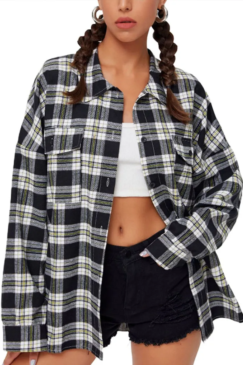 HTR1237 Casual Plaid Flannel Shirt Top
