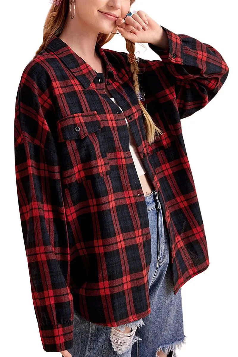 HTR1237 Casual Plaid Flannel Shirt Top