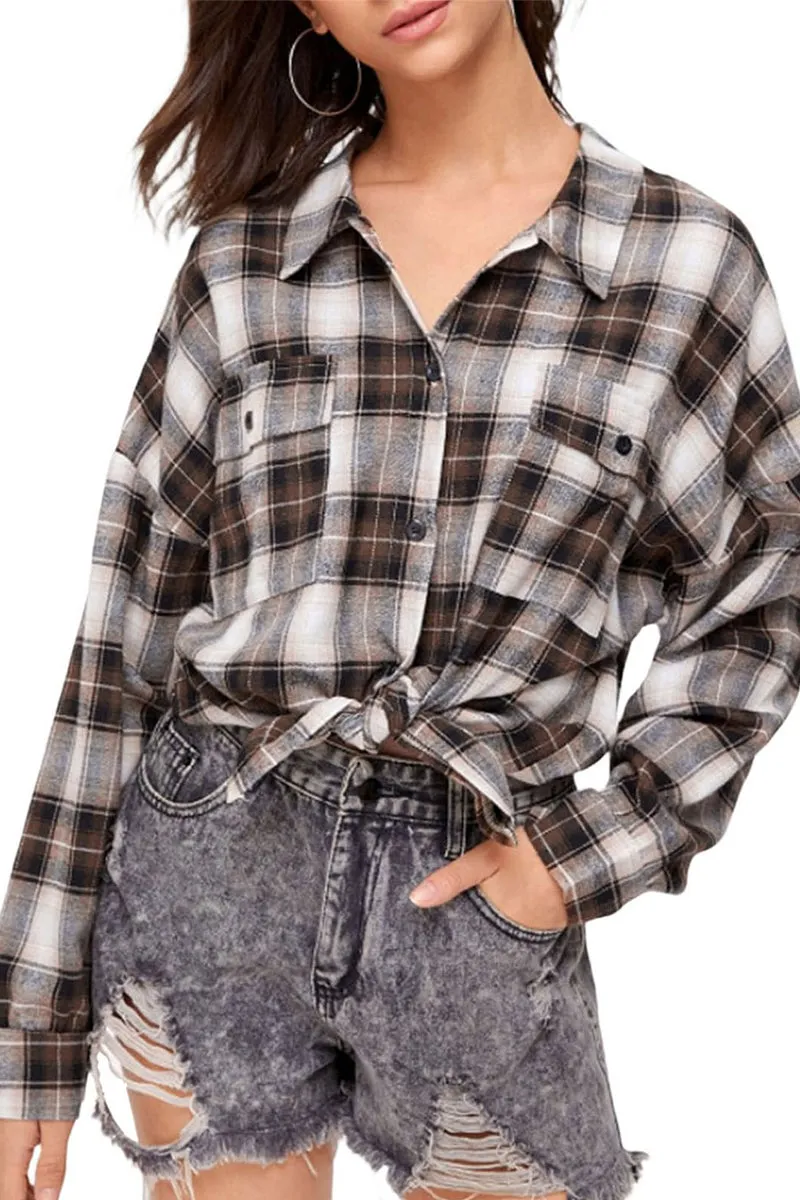 HTR1237 Casual Plaid Flannel Shirt Top