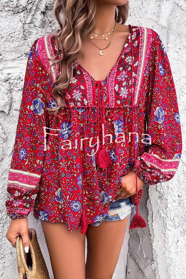 Intricate Floral Print V Neck Lace Up Paneled Long Sleeve Shirt
