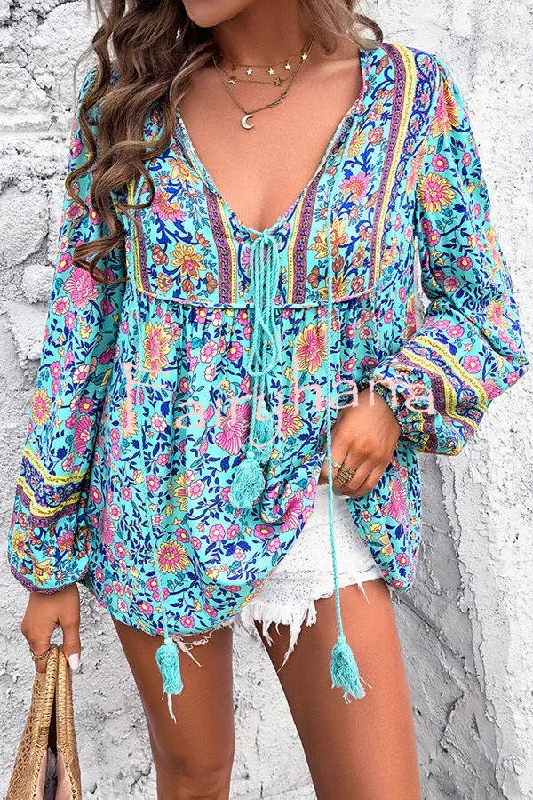 Intricate Floral Print V Neck Lace Up Paneled Long Sleeve Shirt