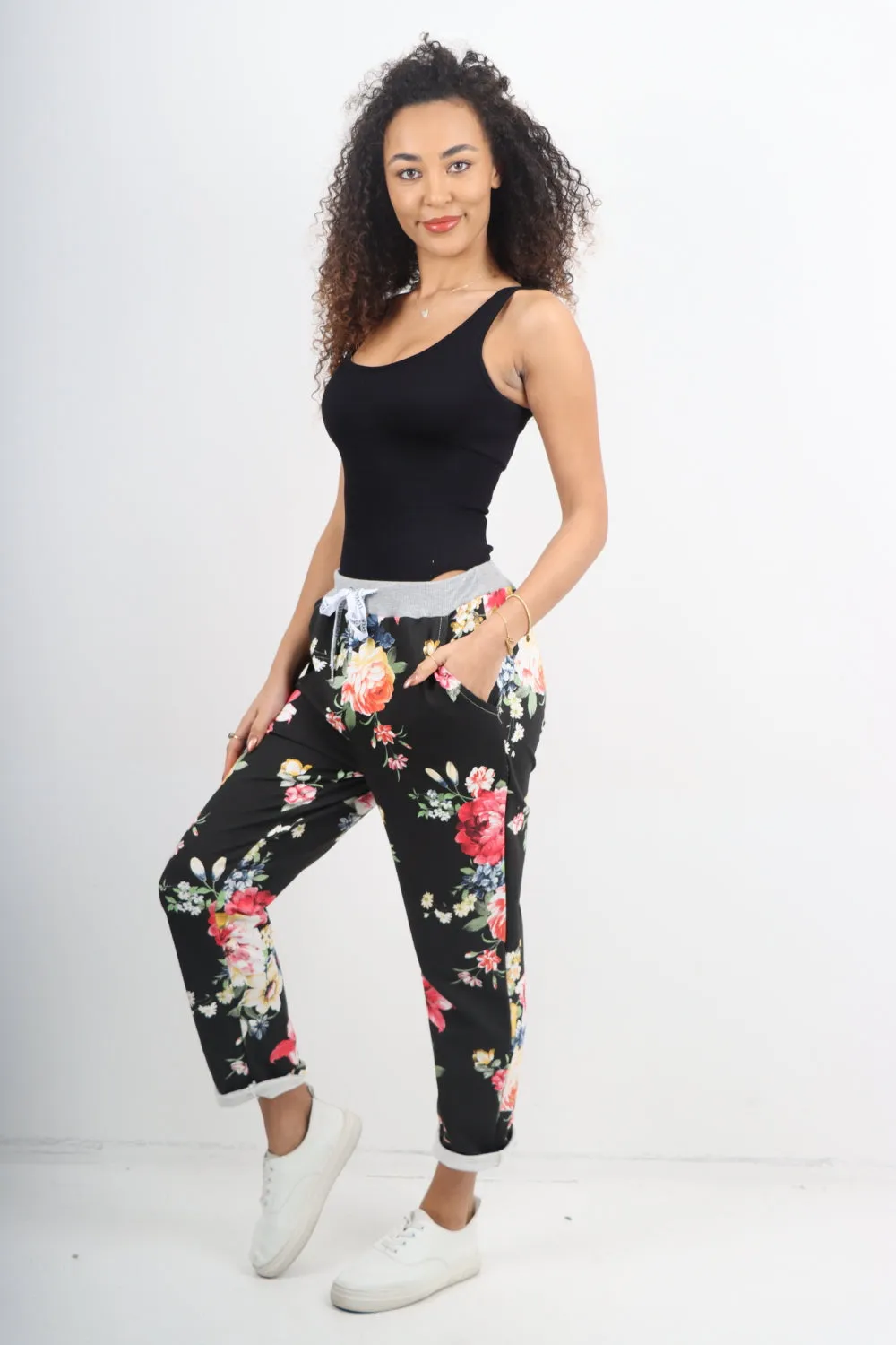 Italian Stretch Cotton Trousers ~ Black Floral ~ ONE SIZE