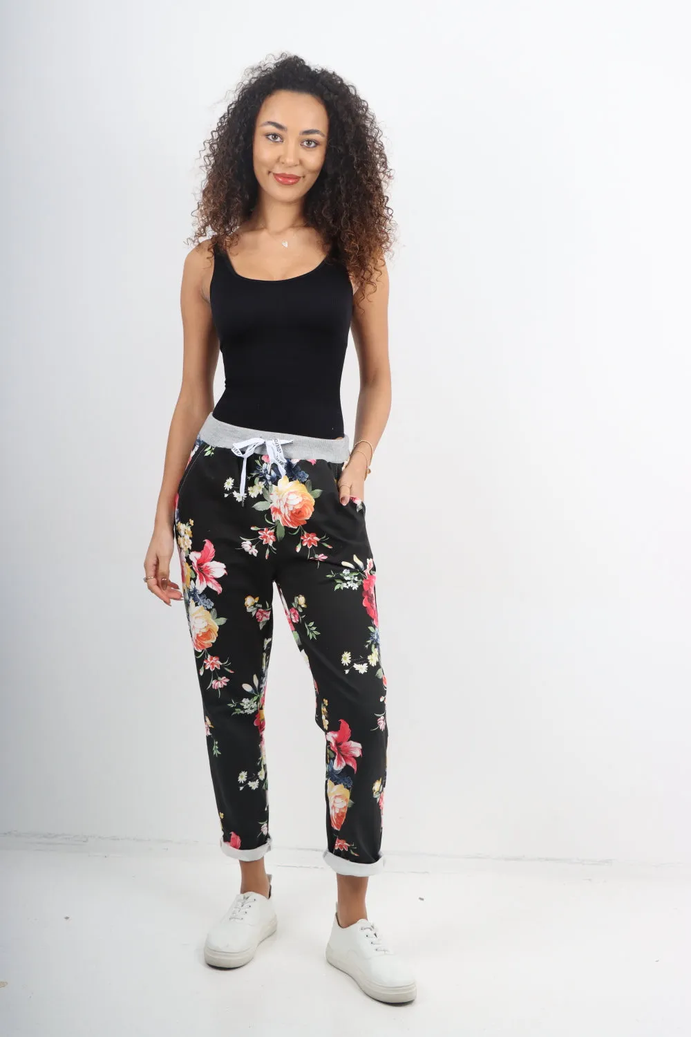 Italian Stretch Cotton Trousers ~ Black Floral ~ ONE SIZE