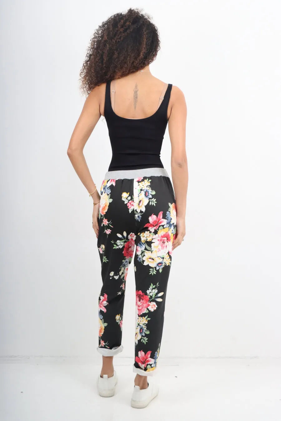 Italian Stretch Cotton Trousers ~ Black Floral ~ ONE SIZE