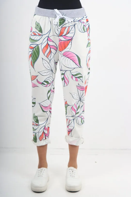 Italian Stretch Cotton Trousers ~ Cream Art Deco ~ ONE SIZE