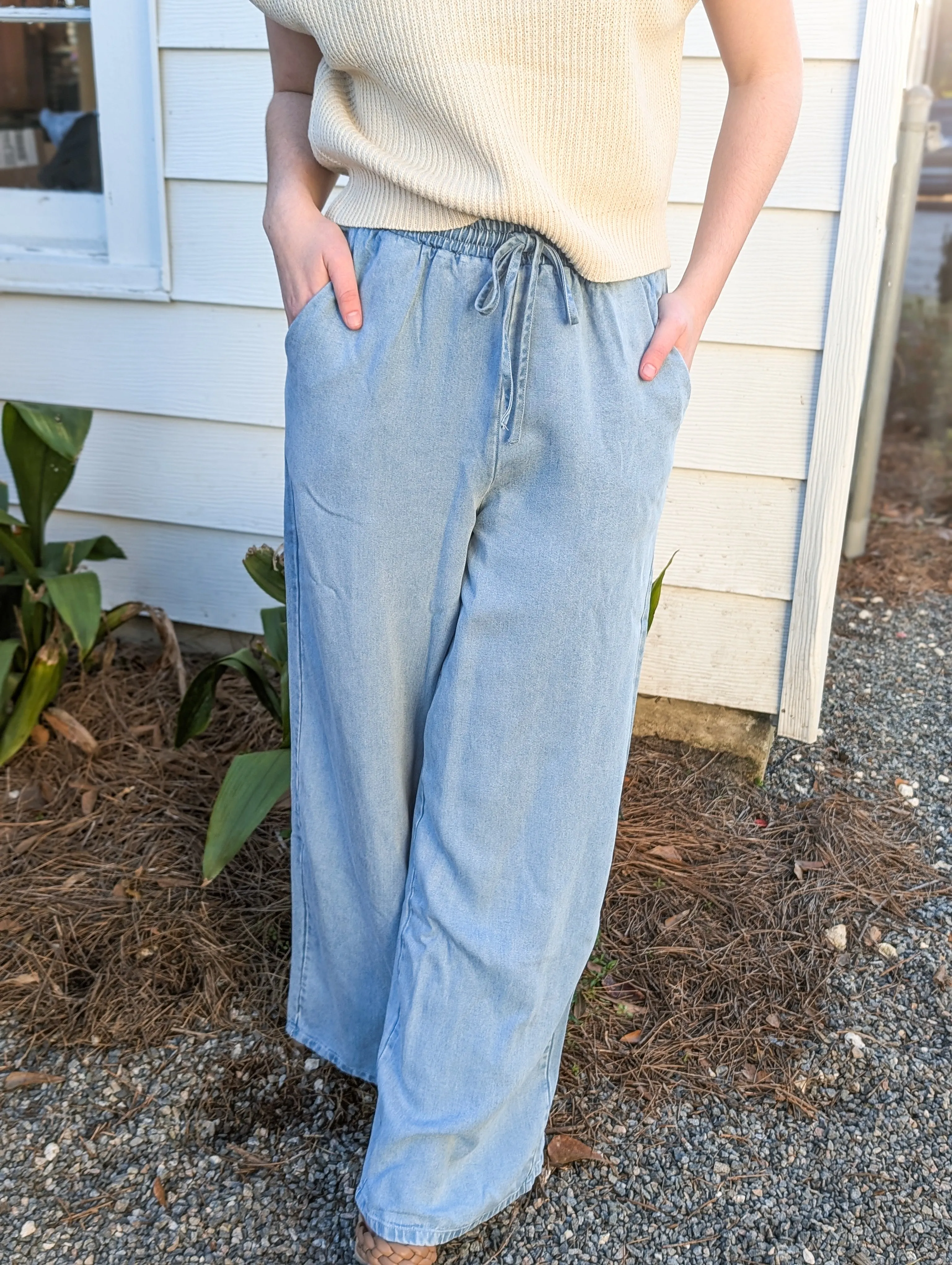 It’s Pouring Elastic Drawstring Light Chambray Pants