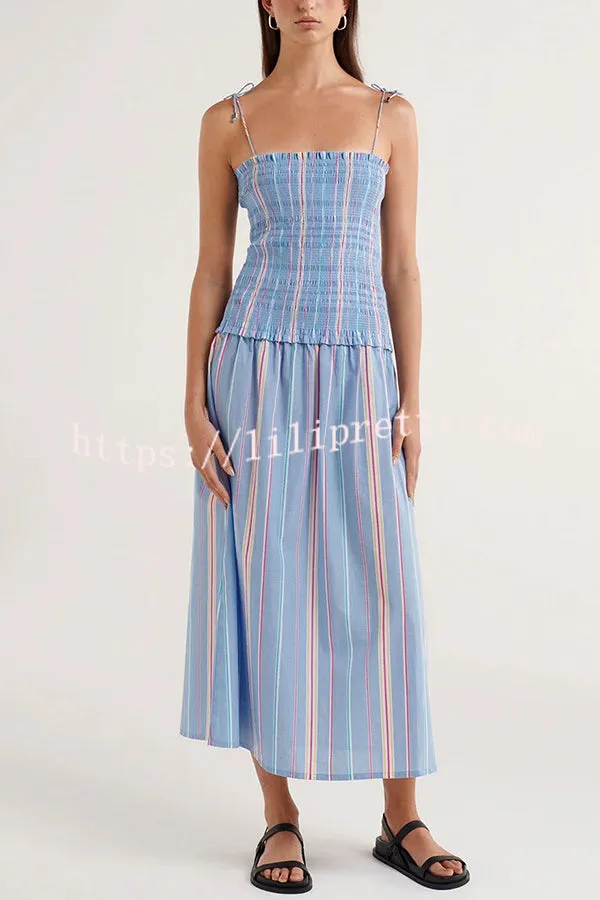 Jackie Stripe Smocked Design Tie Straps Midi Dress