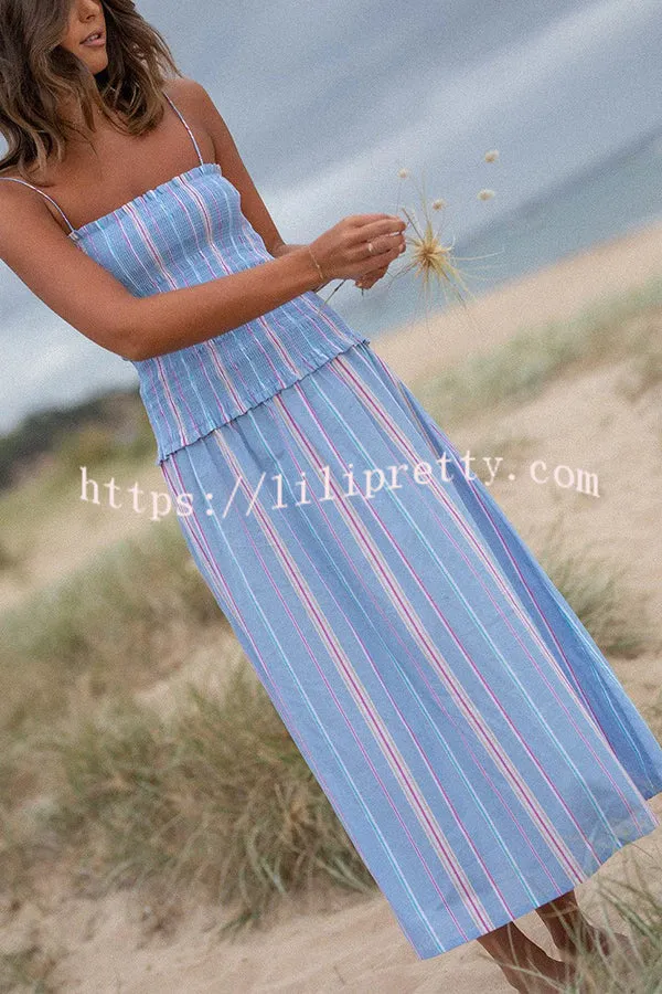 Jackie Stripe Smocked Design Tie Straps Midi Dress