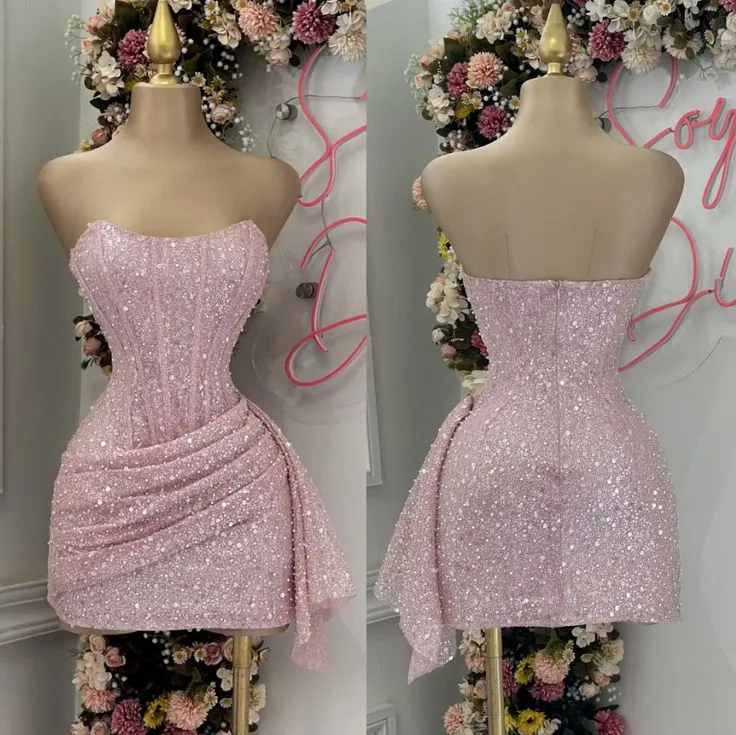JazzHer Cheap Sheath Strapless Pink Sequin Homecoming Dresses Short Birthday Outfits (PRE-ORDER)