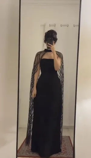 JazzHer Elegant A Line Strapless Black Satin Prom Dress Evening Dresses With Cape (PRE-ORDER)