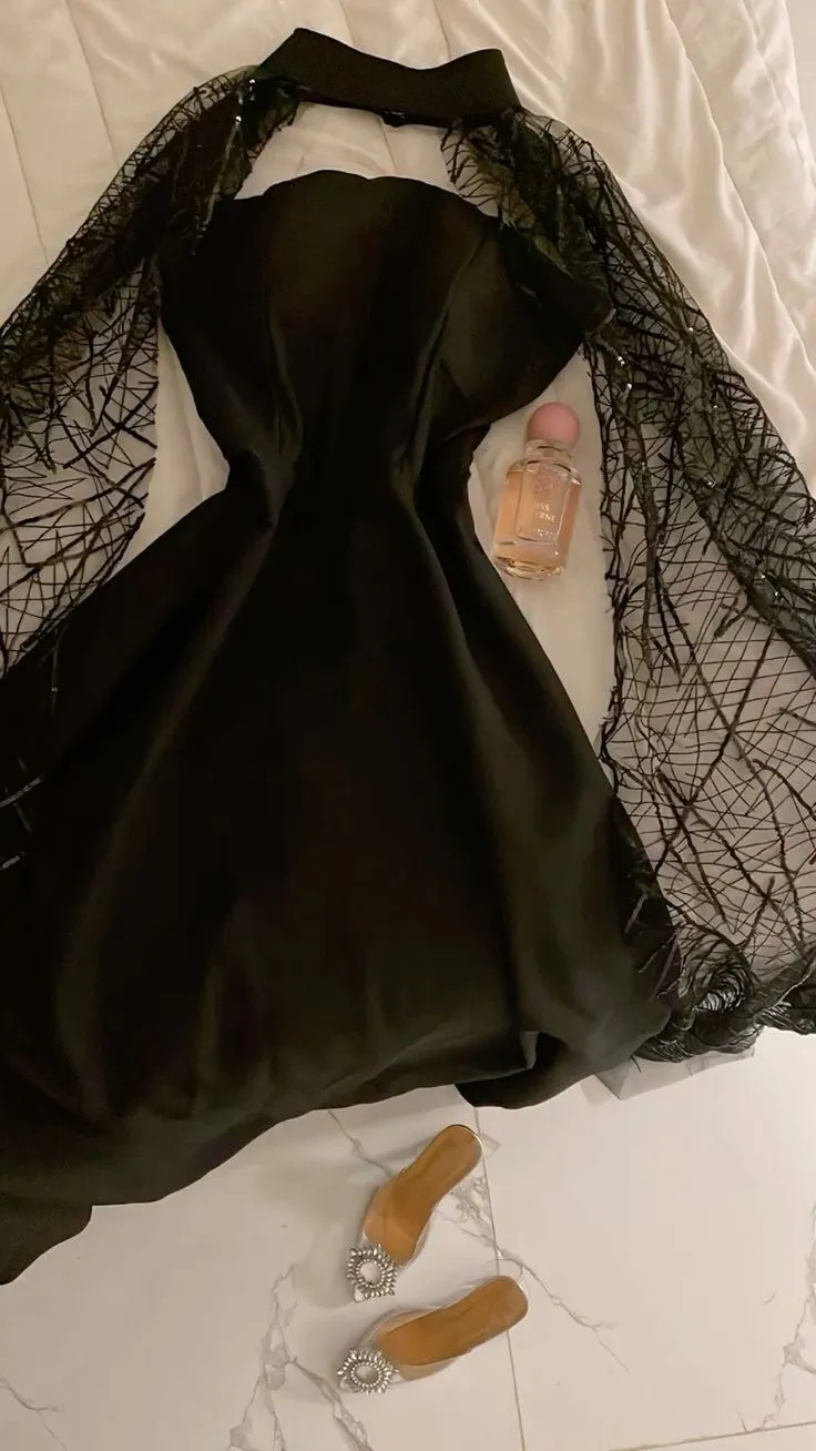 JazzHer Elegant A Line Strapless Black Satin Prom Dress Evening Dresses With Cape (PRE-ORDER)