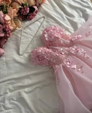 JazzHer Pretty Ball Gown Strapless Long Pink Hand Made Flowers Prom Dresses Long Evening Dress (PRE-ORDER)