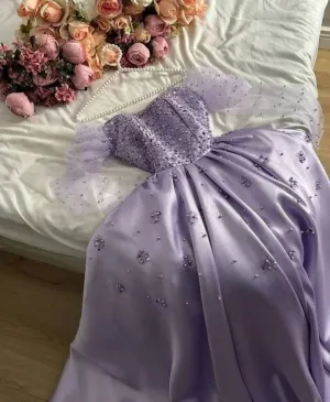 JazzHer Pretty Ball Gown Strapless Long Puffy Sleeves Lilac Satin Pearls Prom Dresses Long Evening Dress (PRE-ORDER)