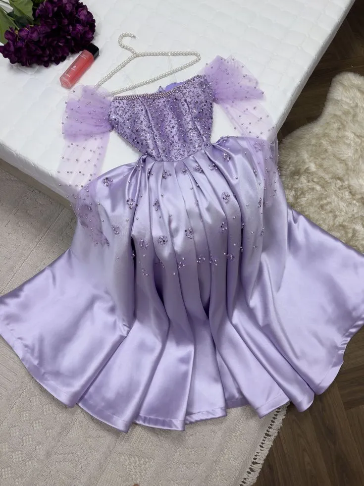 JazzHer Pretty Ball Gown Strapless Long Puffy Sleeves Lilac Satin Pearls Prom Dresses Long Evening Dress (PRE-ORDER)