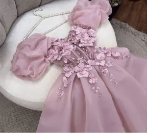 JazzHer Pretty Ball Gown Strapless Short Sleeves Pink Hand Made Flowers Prom Dresses Long Evening Dress (PRE-ORDER)
