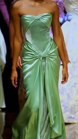 JazzHer Pretty Mermaid Strapless Green Satin Long Prom Dress Evening Dresses (PRE-ORDER)
