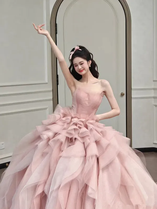 JazzHer Vintage Ball Gown Strapless Pink Long Prom Dresses Tulle Layers Evening Dress (PRE-ORDER)