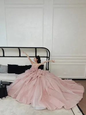 JazzHer Vintage Ball Gown Strapless Pink Long Prom Dresses Tulle Layers Evening Dress (PRE-ORDER)