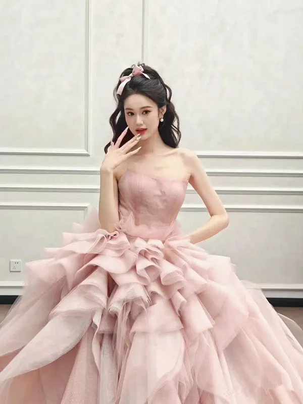 JazzHer Vintage Ball Gown Strapless Pink Long Prom Dresses Tulle Layers Evening Dress (PRE-ORDER)