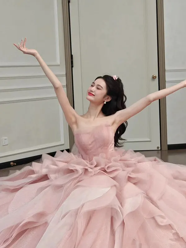 JazzHer Vintage Ball Gown Strapless Pink Long Prom Dresses Tulle Layers Evening Dress (PRE-ORDER)