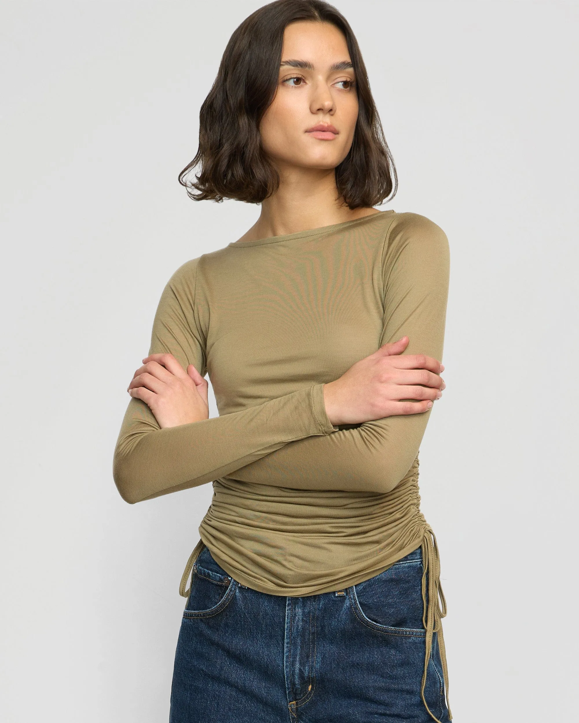 Joan Tencel Ruched-Side Semi-Sheer Tee