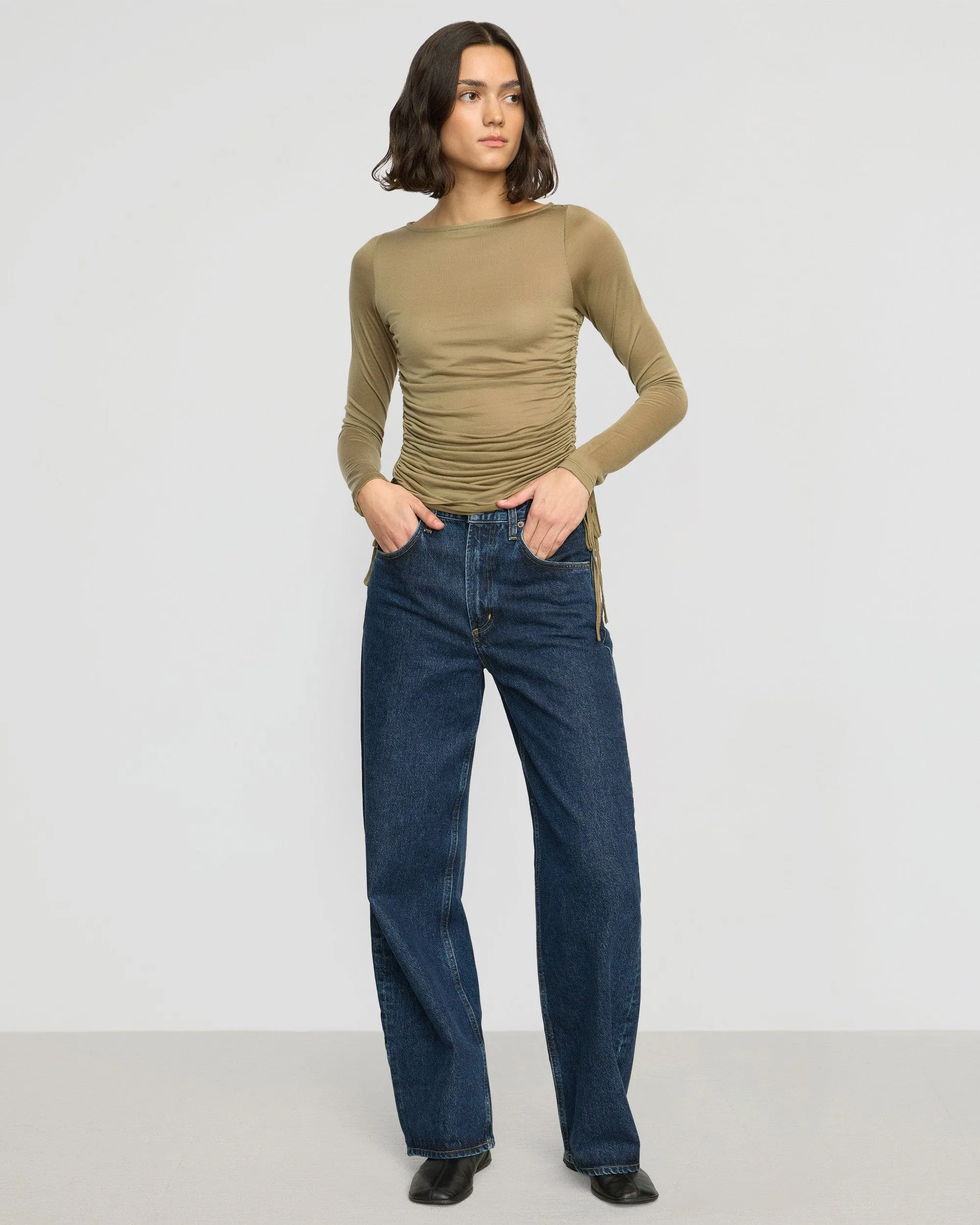 Joan Tencel Ruched-Side Semi-Sheer Tee