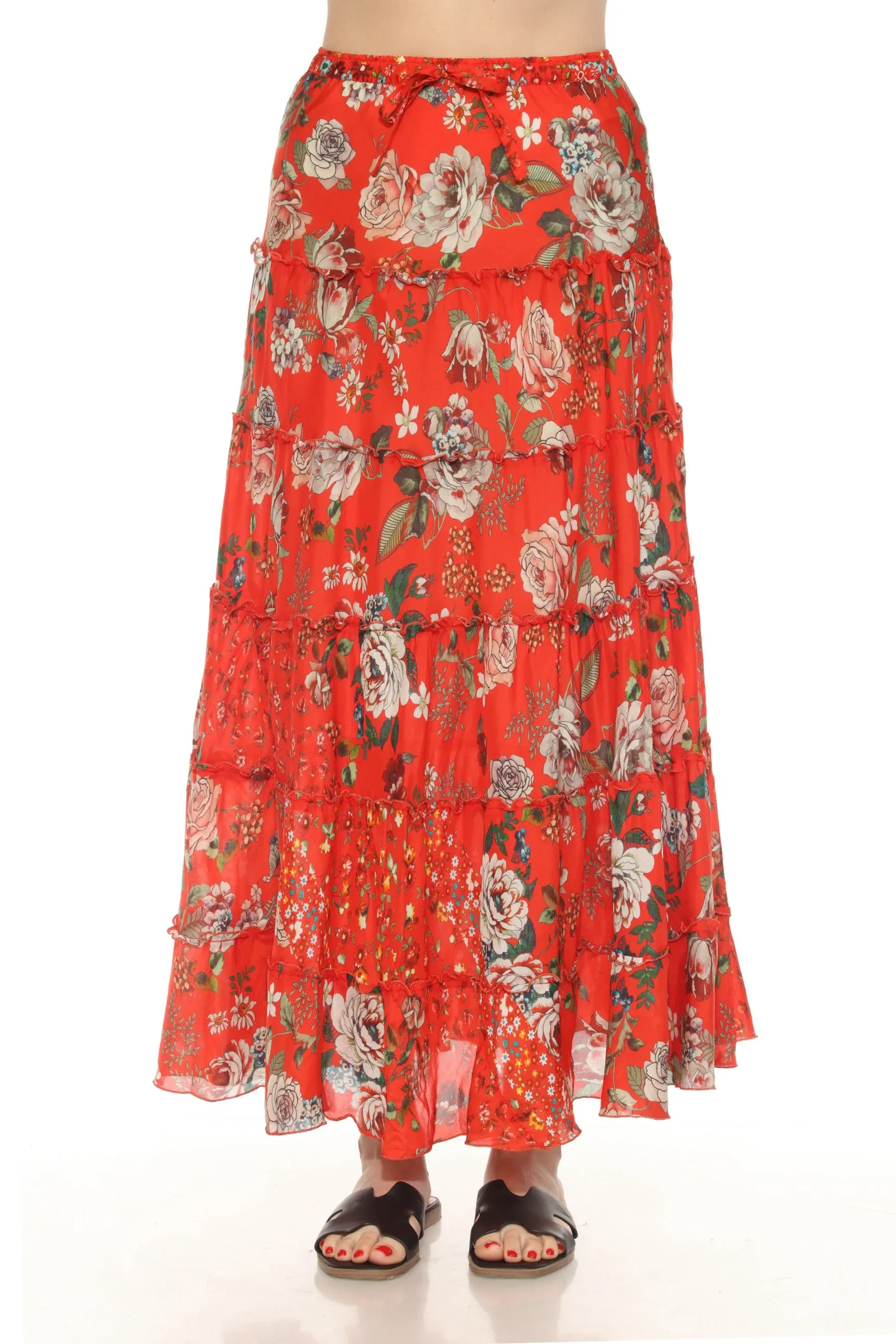 Johnny Was Red Sebrina Floral Silk Tiered Maxi Skirt C71624A4