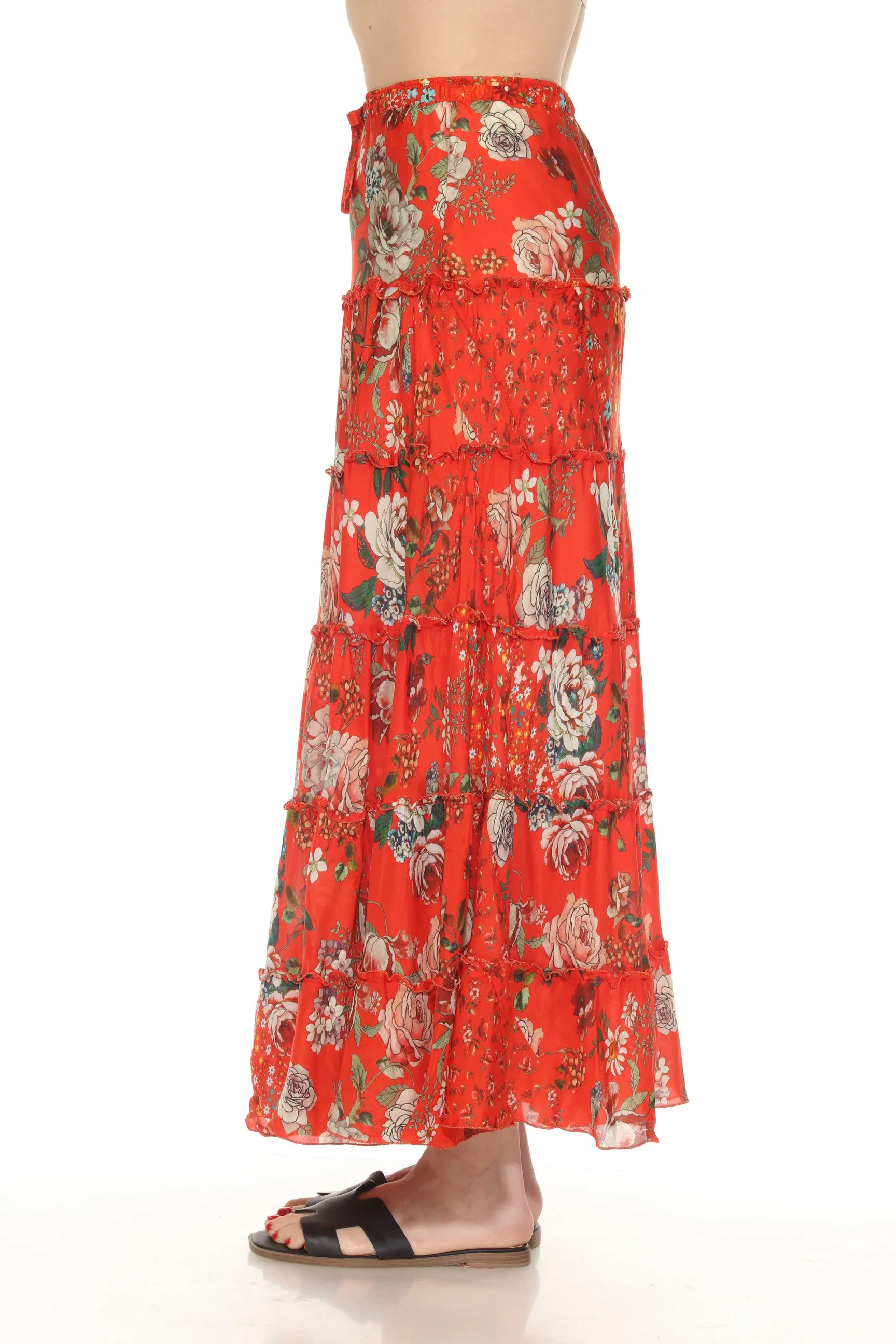 Johnny Was Red Sebrina Floral Silk Tiered Maxi Skirt C71624A4