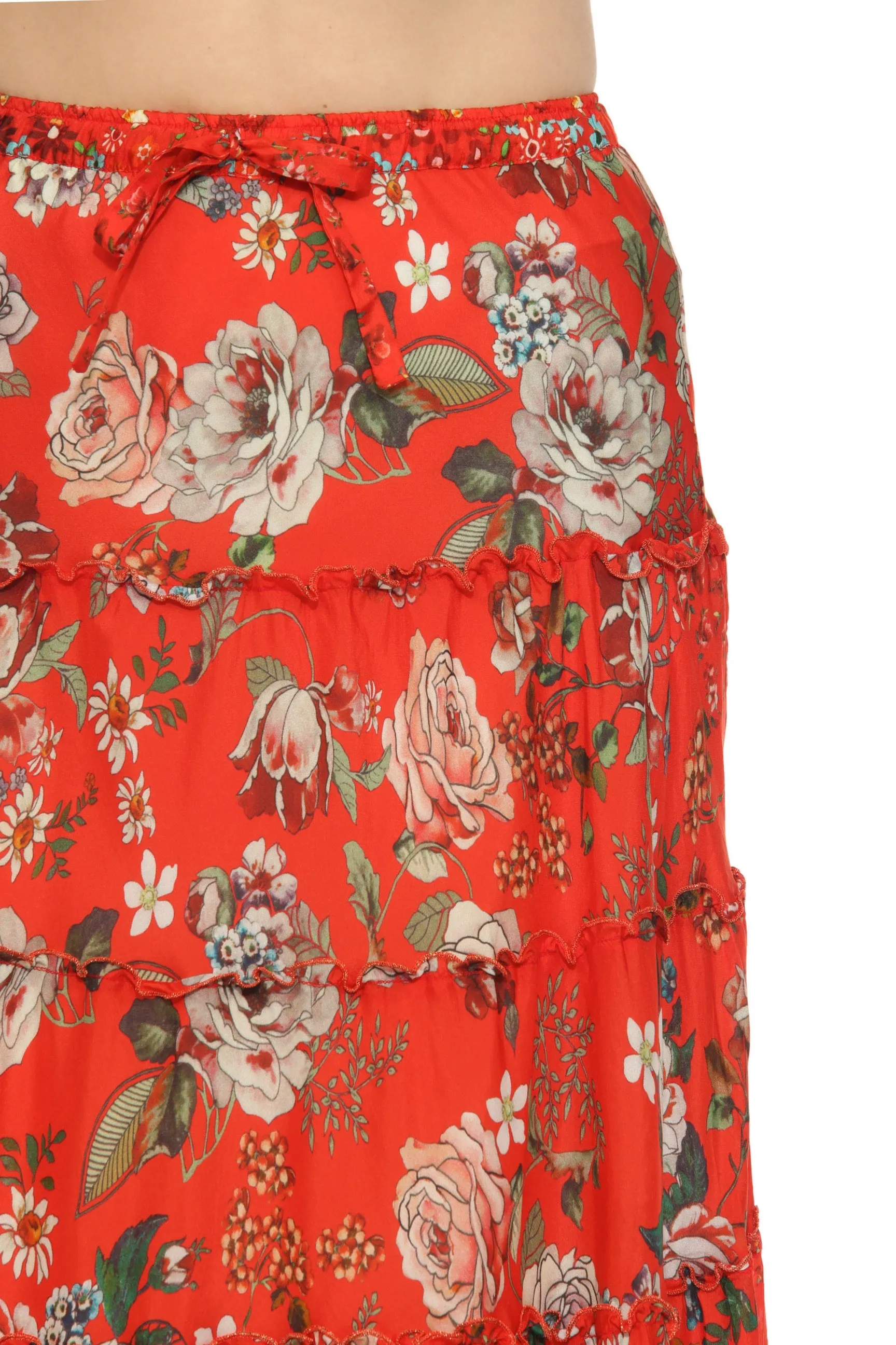 Johnny Was Red Sebrina Floral Silk Tiered Maxi Skirt C71624A4
