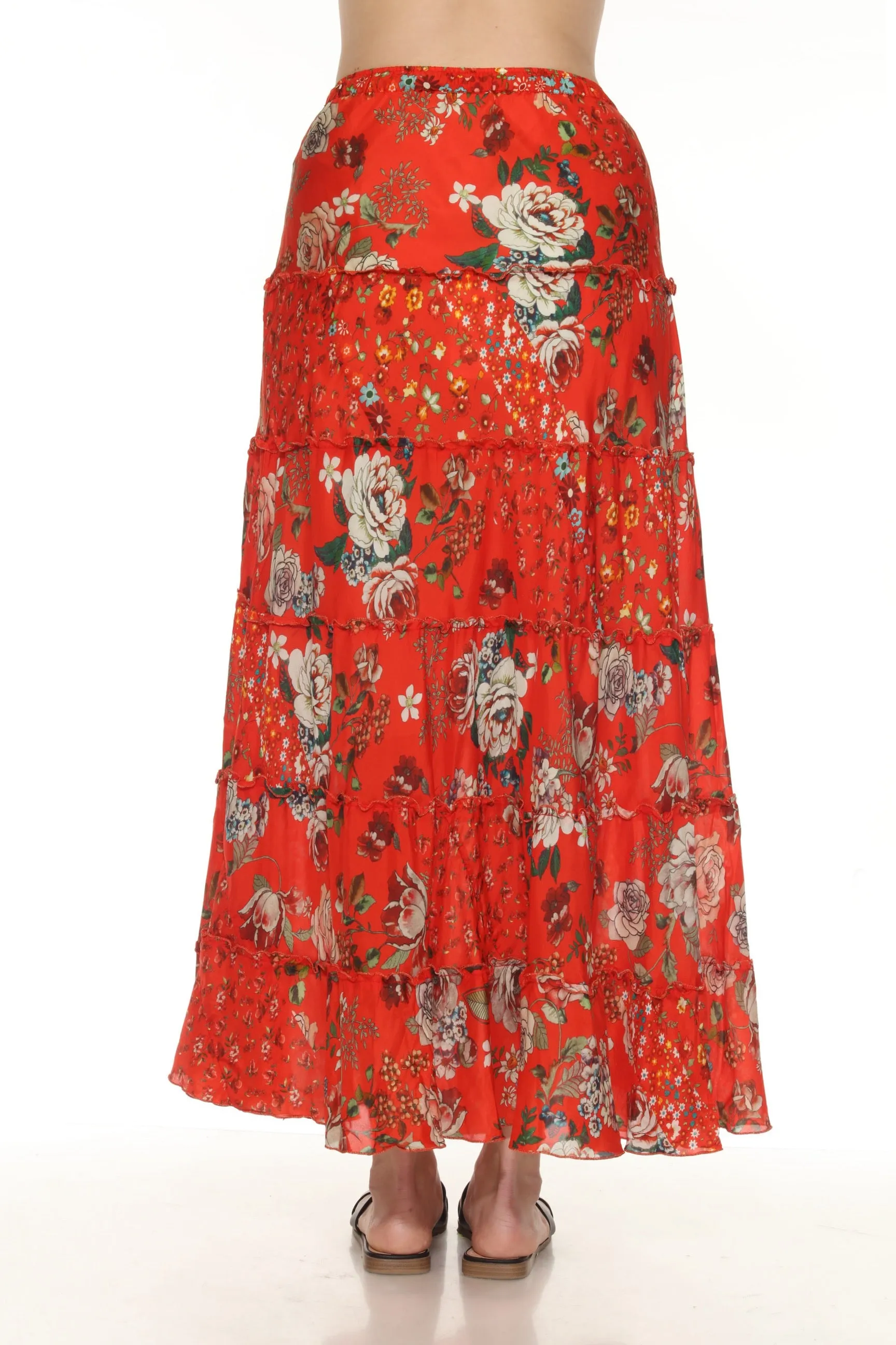 Johnny Was Red Sebrina Floral Silk Tiered Maxi Skirt C71624A4