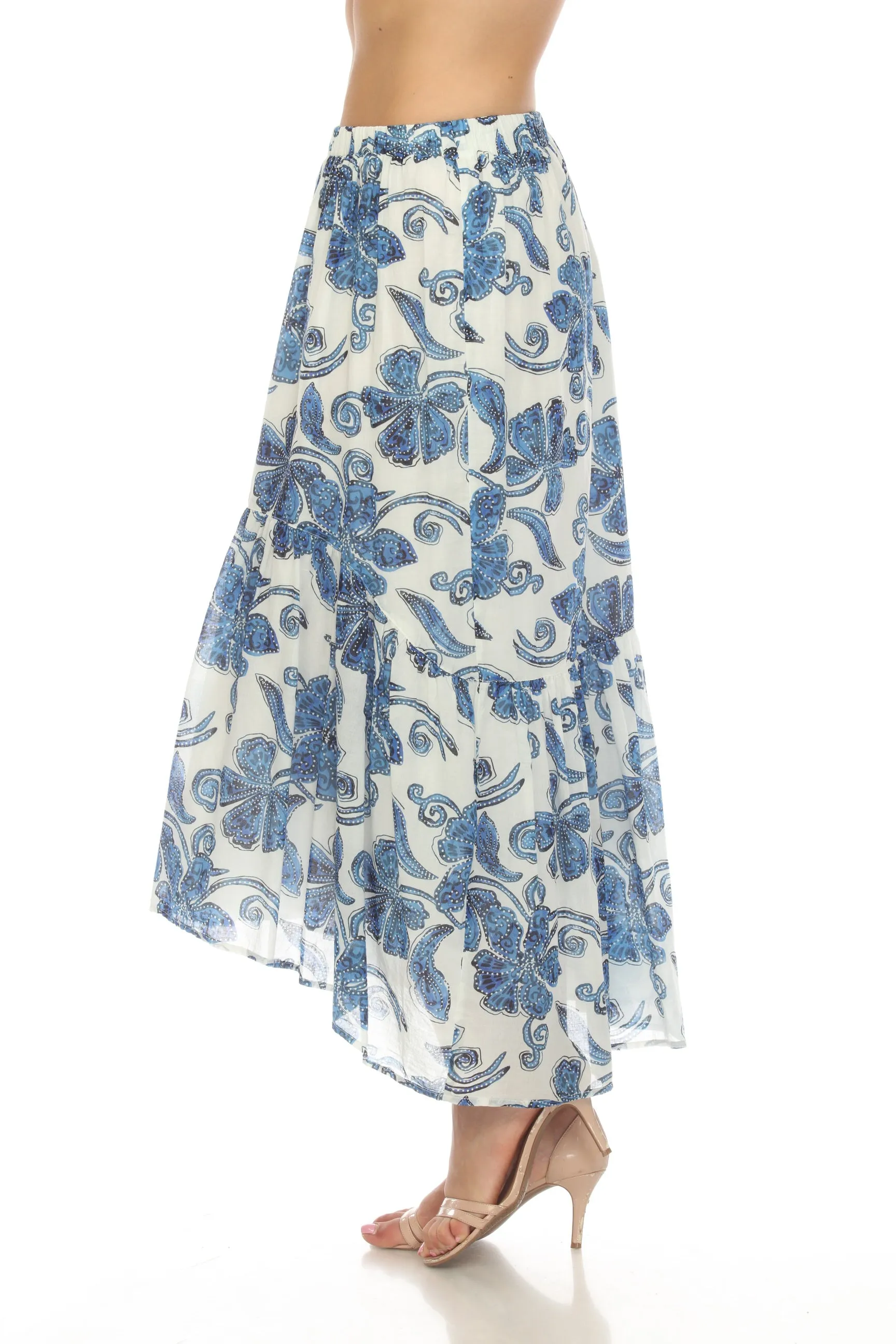 Johnny Was Workshop White/Blue Azura Floral Tiered Midi Skirt Boho Chic W71423