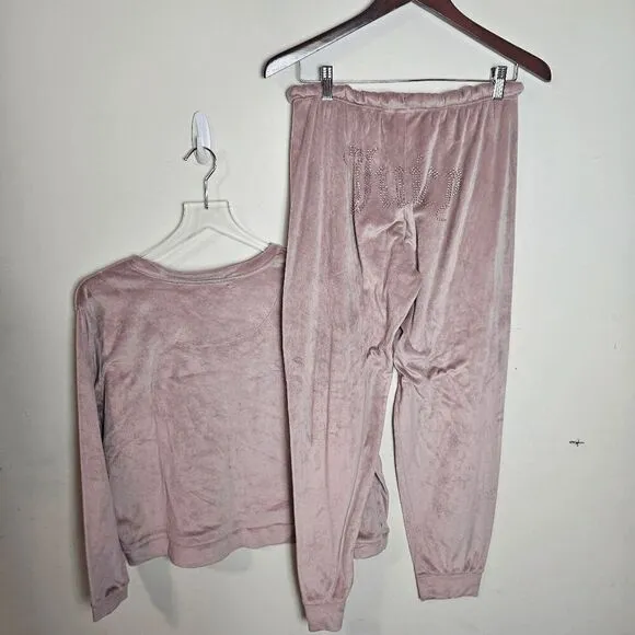 Juicy Couture Long Sleeve Top and Drawstring Pants Velvet Fleece Pajama Set Pink