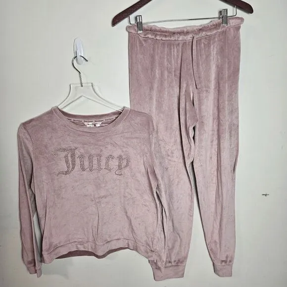 Juicy Couture Long Sleeve Top and Drawstring Pants Velvet Fleece Pajama Set Pink