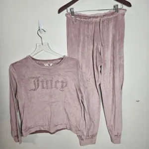 Juicy Couture Long Sleeve Top and Drawstring Pants Velvet Fleece Pajama Set Pink