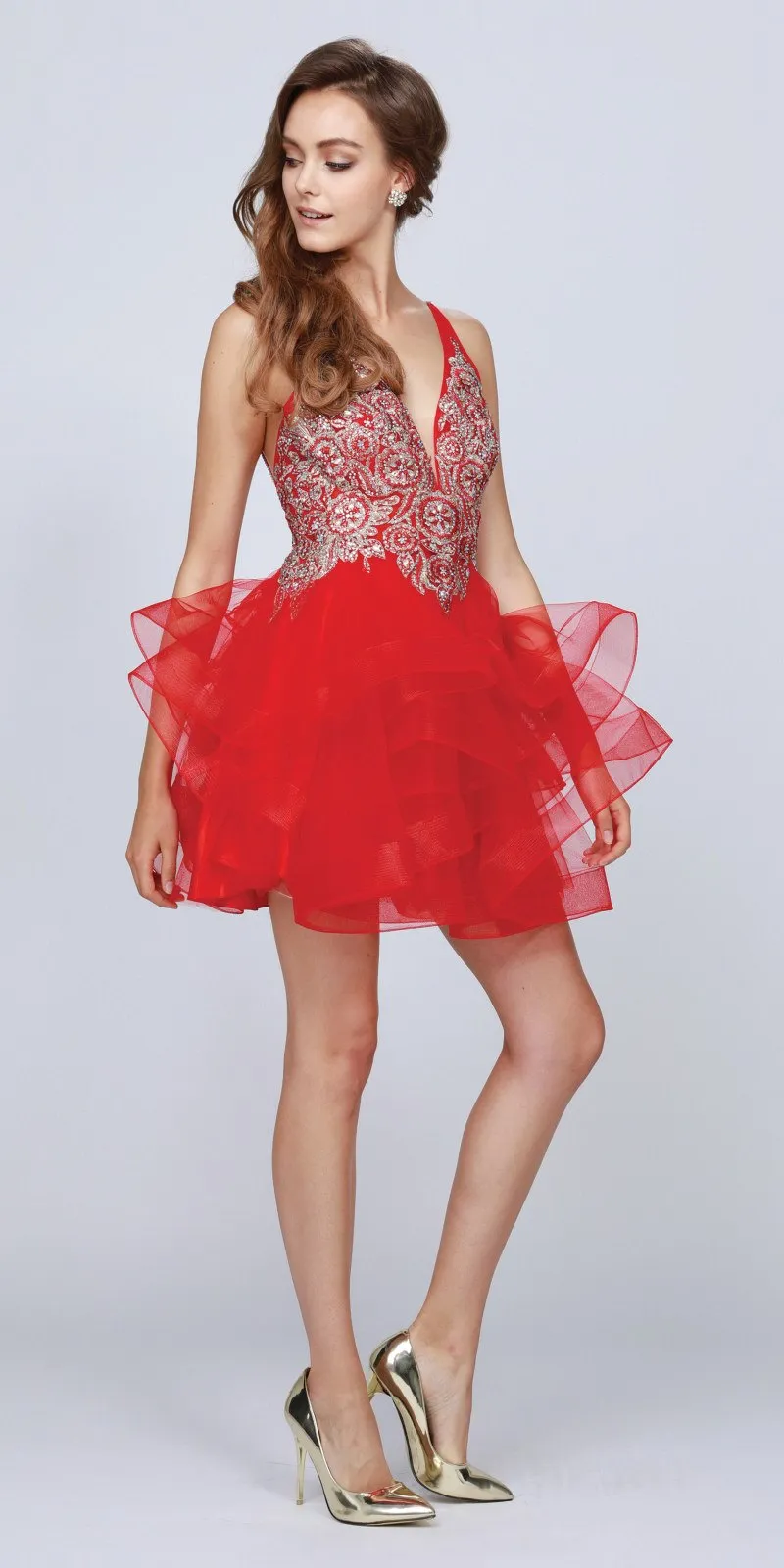 Juliet 823 Plunging V-Neck Ruffled Skirt Short Dress