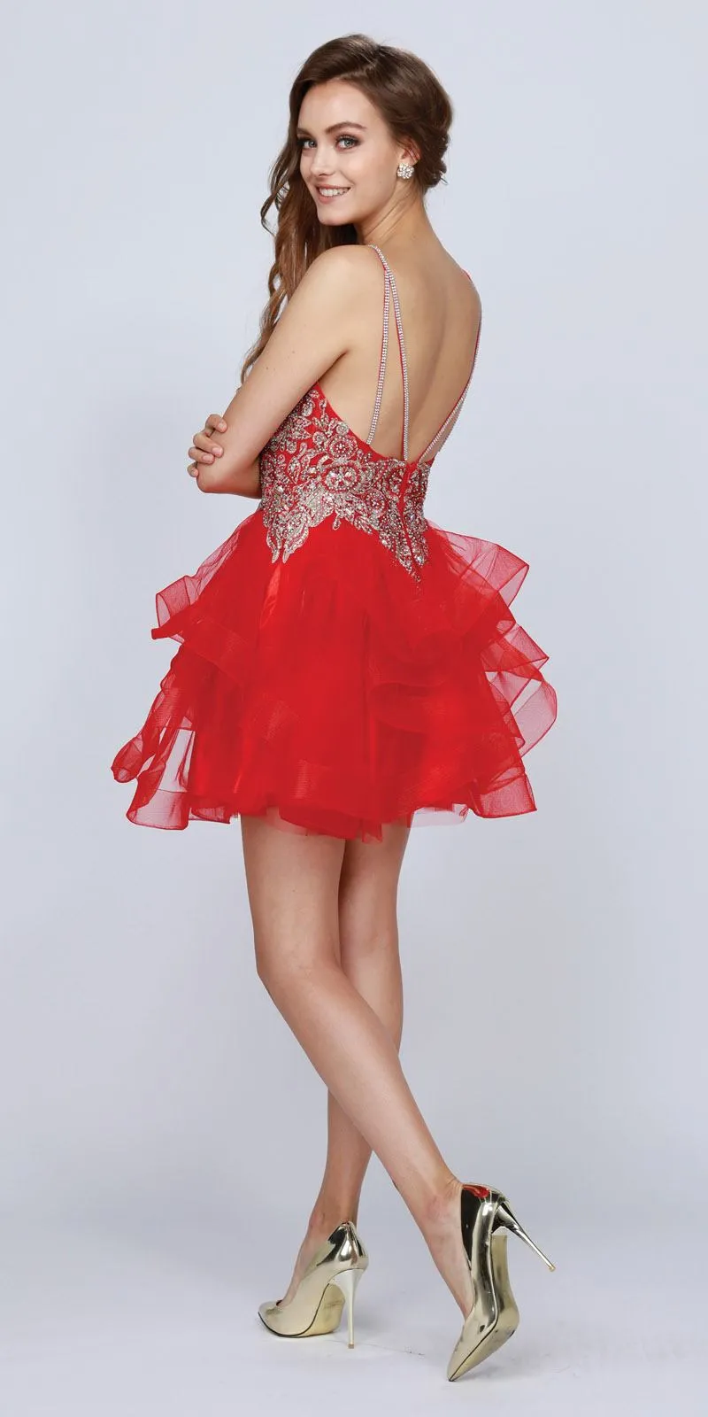 Juliet 823 Plunging V-Neck Ruffled Skirt Short Dress