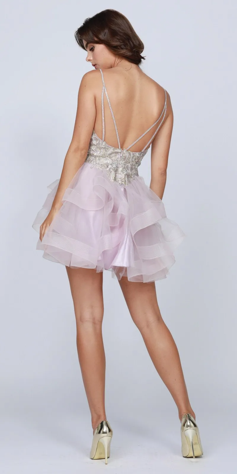 Juliet 823 Plunging V-Neck Ruffled Skirt Short Dress