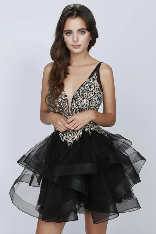 Juliet 823 Plunging V-Neck Ruffled Skirt Short Dress