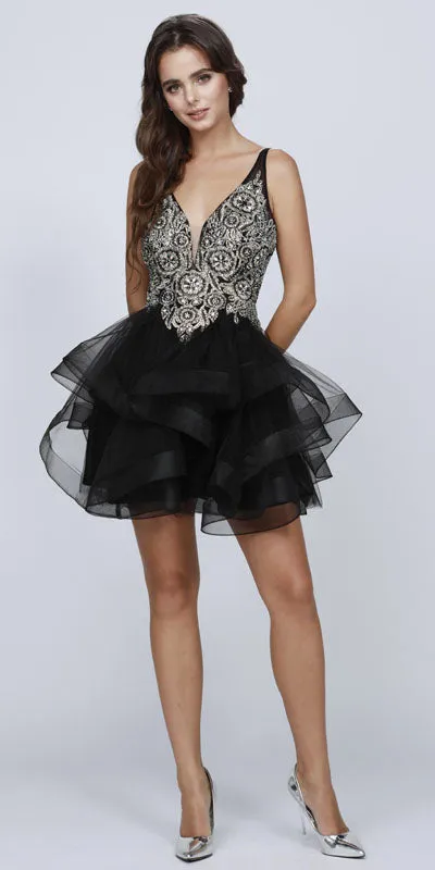 Juliet 823 Plunging V-Neck Ruffled Skirt Short Dress