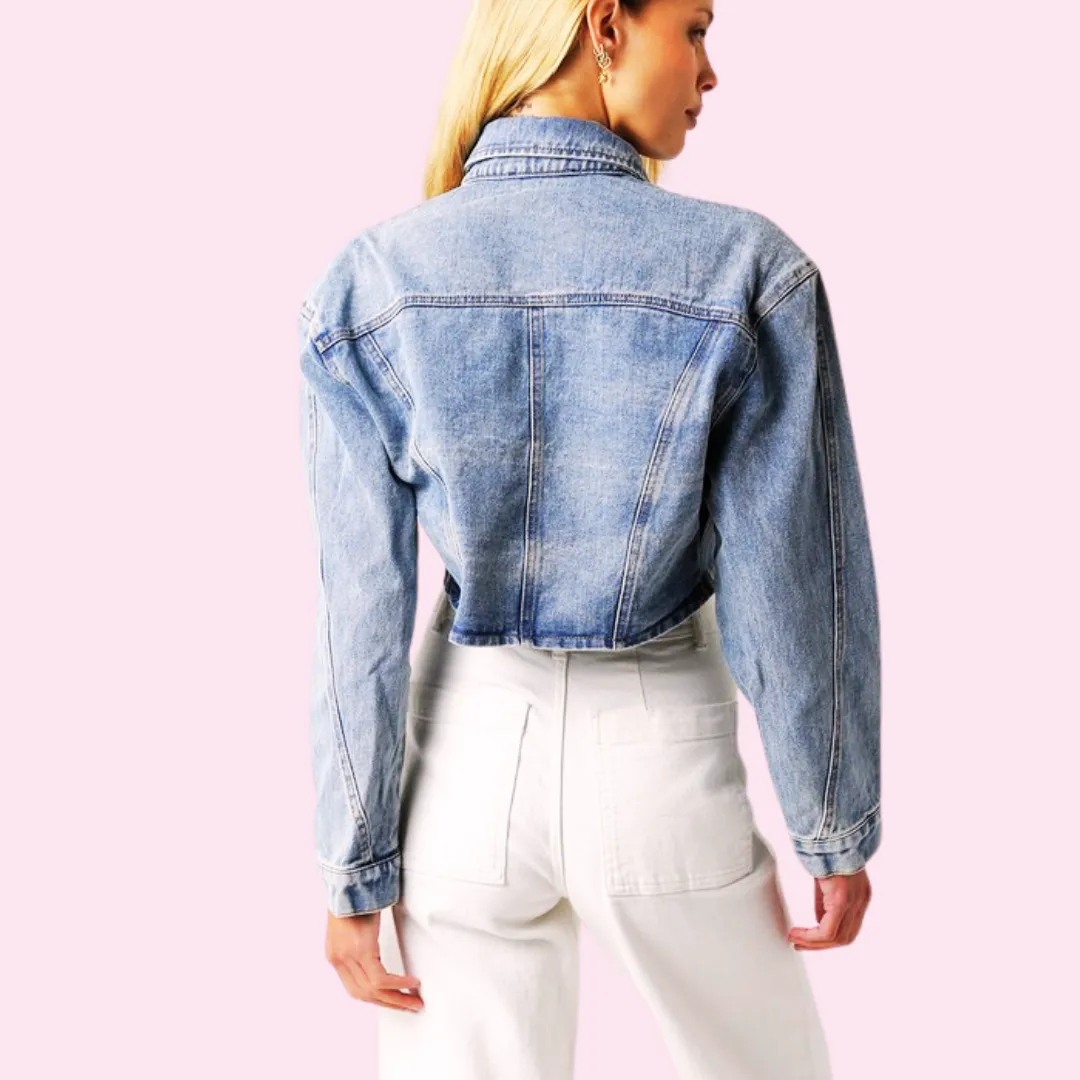 Justine Denim Crop Jacket – Long Sleeve High-Low Woven Style