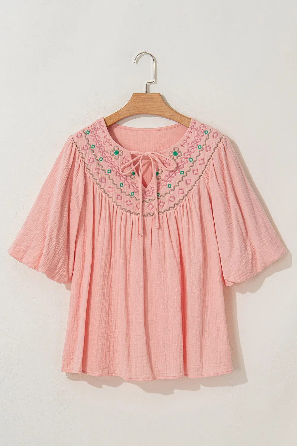 KaleaBoutique Geometric Embroidered V Neck Puff Sleeve Blouse