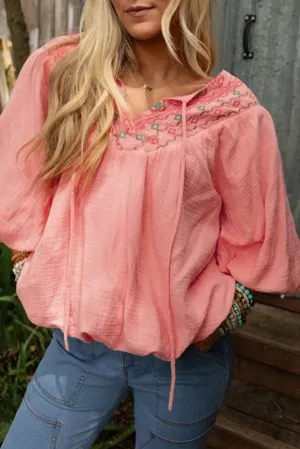 KaleaBoutique Geometric Embroidered V Neck Puff Sleeve Blouse